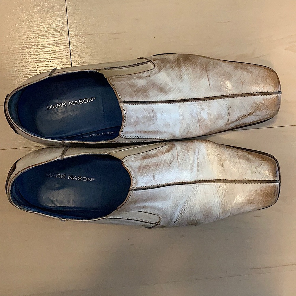 Mark Nason distressed leather white loafer
